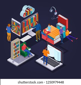 Online library concept with reading people electronic devices and book shelves 3d isometric vector illustration