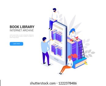 Online library concept. Smartphone with bookshelves. Online education isometric. Web archive and  e-learning tutorials for social media  3d vector illustration