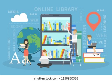 Online library concept. Using mobile phone for learning and education. People read digital books on their smartphones. Flat vector illustration