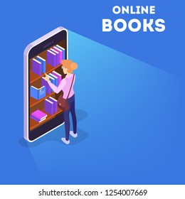 Online library concept. Using mobile phone and computer for learning and education. Woman choose digital books on smartphone. Isolated vector isometric illustration