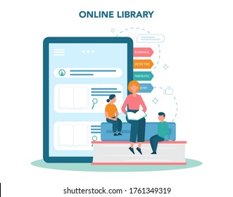 Online library concept. Using mobile phone and computer for learning and education. People read digital books on their smartphones. Flat vector illustration