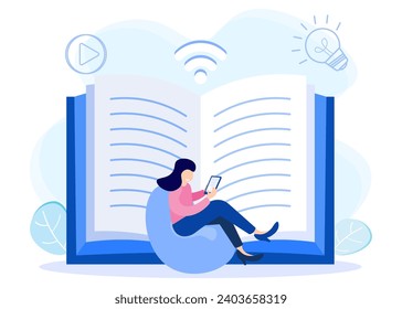 Online library concept vector illustration. E-learning with digital books from the application. reading sources from the internet.