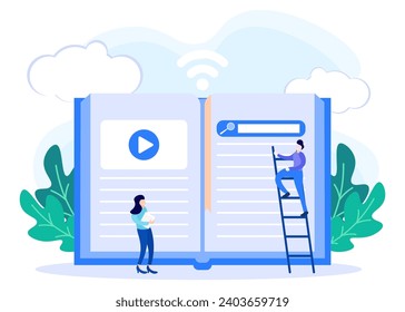 Online library concept vector illustration. E-learning with digital books from the application. reading sources from the internet.