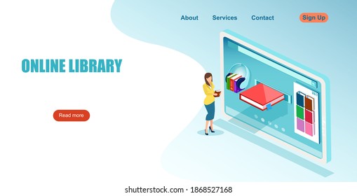 Online library concept. Vector of a woman using online books on her phone or tablet. 