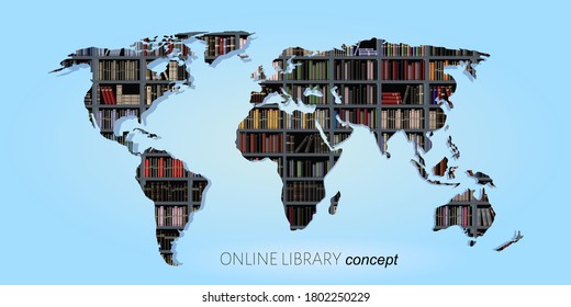 Online library concept. World map on the background of a library, bookshelves with many different books. Distance learning. Vector illustration