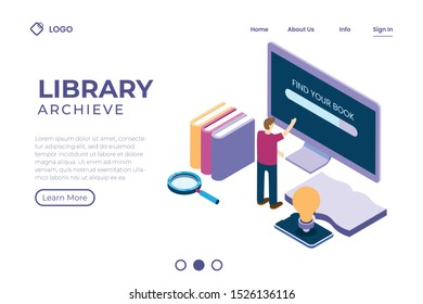 online library concepts and knowledge literacy application development in isometric illustration style