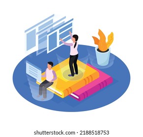 Online Library Conceptual Composition With People Reading Ebooks 3d Isometric Vector Illustration