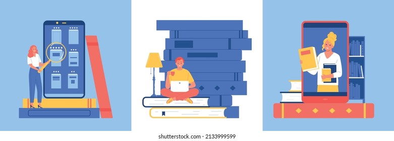 Online library design concept set of three square icons with people searching literature by smartphone app flat vector illustration