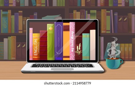 Online library, digital bookstore, bookshop concept. Bookshelves on background. Laptop, cup of tea, books on screen. Reading technology, literature to read, education, learning. Vector illustration