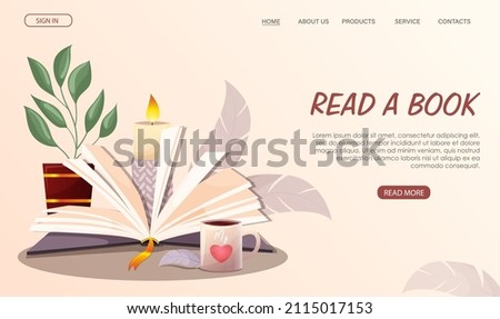 Online library, digital bookstore, bookshop, reading app, librarian web banner. Open book, cup, plant on screen. Technology download literature to read, online education, learning. Vector illustration