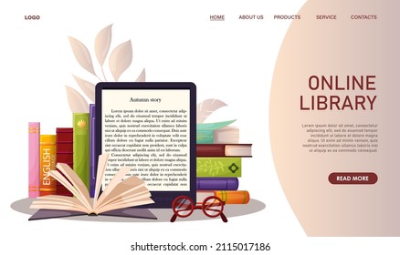 Online library, digital bookstore, reading app, concept web banner. Electronic textbook, reader, books stack on table, open book. Technology download literature read, education. Vector illustration