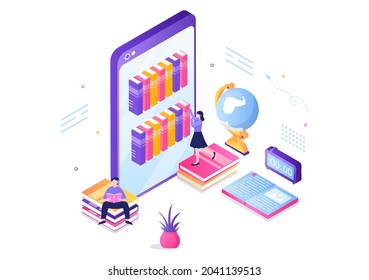 Bibliotecas en línea de formación digital con aprendizaje a distancia, clases grabadas, video tutorial para obtener conocimiento. Ilustración de vectores de diseño plano