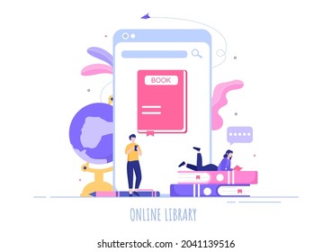 Online Library Digital Education Background with Distance Learning, Recorded Classes, Video Tutorial to Gain Knowledge. Flat Design Vector Illustration