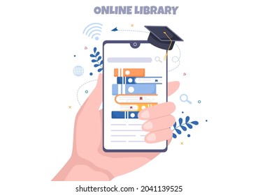 Online Library Digital Education Background with Distance Learning, Recorded Classes, Video Tutorial to Gain Knowledge. Flat Design Vector Illustration