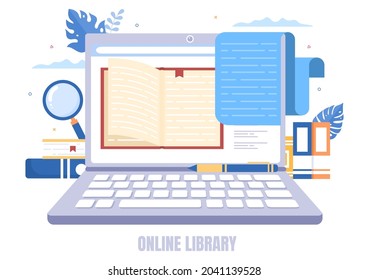 Online Library Digital Education Background with Distance Learning, Recorded Classes, Video Tutorial to Gain Knowledge. Flat Design Vector Illustration