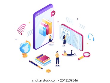 Bibliotecas en línea de formación digital con aprendizaje a distancia, clases grabadas, video tutorial para obtener conocimiento. Ilustración de vectores de diseño plano