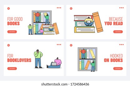 Online Library, Distance Education, Internet Bookstore Concept. Website Landing Page. Men And Women Reading Books Using Gadgets. Web Page Cartoon Linear Outline Flat Style. Vector Illustrations Set