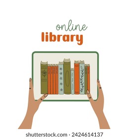 Online library, distance education and modern technology concept. Human hands holding tablet, e-books on the screen. literature in electronic type for learning and reading. Vector illustration.