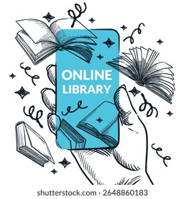 Biblioteca online, conceito de aplicativo de ebook. Mão com smartphone cercado por livros. Ilustração de colagem de esboço desenhado à mão do vetor. Elementos de e-learning, leitura, educação e design