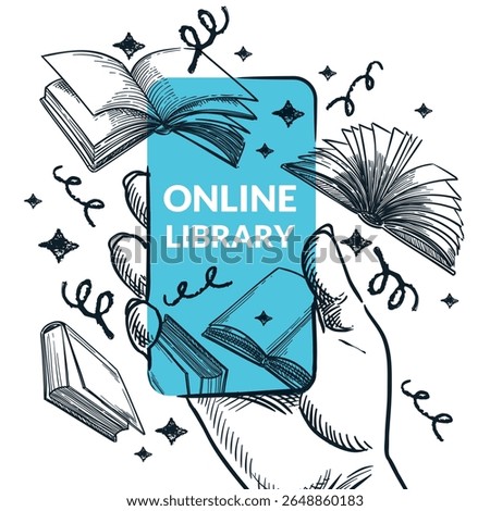 Online library, ebook app concept. Hand with smartphone surrounded by books. Vector hand drawn sketch collage illustration. E-learning, reading, education, design elements