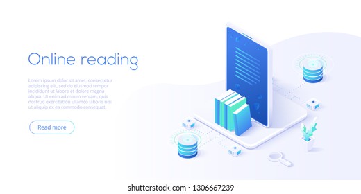 Online library or ebook concept vector illustration in isometric design. Internet education or  distance training and learning courses on educational platform. Website banner layout template.