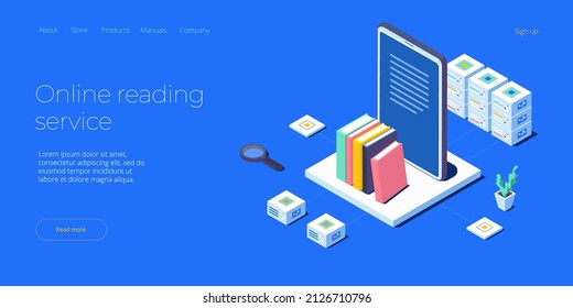 Online Library Or Ebook Concept Vector Illustration In Isometric Design. Internet Education Or  Distance Training And Learning Courses On Educational Platform. Website Banner Layout Template.