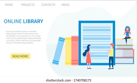 Biblioteca en línea, libro electrónico, tienda digital de libros, lectura electrónica, aprendizaje en línea, concepto educativo. Plantilla de página de inicio. Ilustración vectorial en diseño plano para diseño web y gráfico.