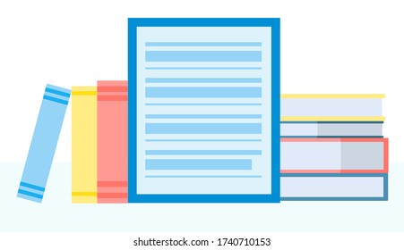 Biblioteca en línea, libro electrónico, tienda digital de libros, lectura electrónica, aprendizaje en línea, concepto educativo. Ilustración vectorial en diseño plano.