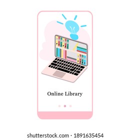 Online library, e-book, online literature, encyclopedia, online bookstore mobile app onboarding screen. Menu vector banner template for interface UX, UI GUI screen mobile development illustration.