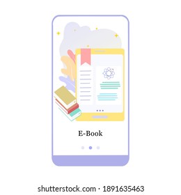 Online library, e-book, online literature, encyclopedia, online bookstore mobile app onboarding screen. Menu vector banner template for interface UX, UI GUI screen mobile development illustration.