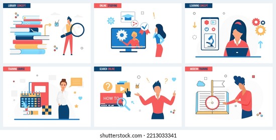 Online library, ebook mobile app set vector illustration. Cartoon students study with digital books and video tutorials, webinar training concept for banner, website design or landing web page