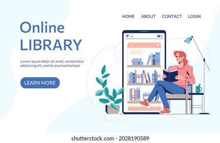 Online library, E-book reading landing page or web page template. Vector illustration virtual library on a mobile app. Web site for reading and downloading books, audiobooks. Flat style