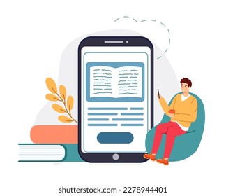 Online library, ebook reading, studying in internet. Man sitting on chair and holding smartphone with textbook. E-learning concept, digital gadget for remote education. Electronic device vector
