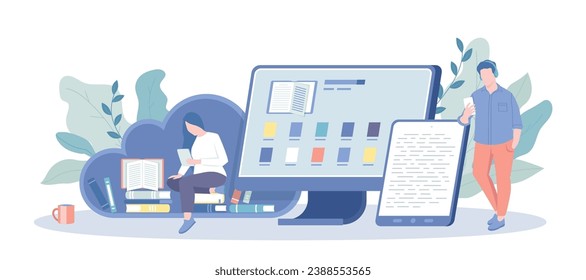 Online Library, E-books. Books online in bookstores in mobile application. Education, learning and training, self development. Vector illustration with character situation for web.	
