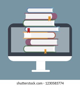 Online library, e-books. Computer with books. Flat design vector illustration.