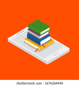 Online library, e-books. Computer with books. Flat design vector illustration.