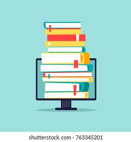 Online library, e-books. Computer with books. Flat design vector illustration.