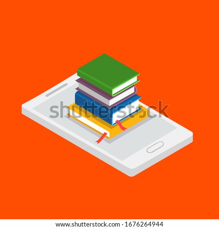Online library, e-books. Computer with books. Flat design vector illustration.