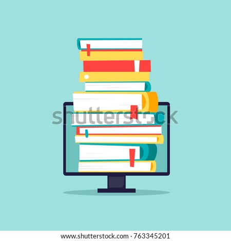 Online library, e-books. Computer with books. Flat design vector illustration.