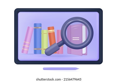 Biblioteca en línea con libros electrónicos en la pantalla de tablet. Cartel 3d de ilustración vectorial. El concepto de educación y aprendizaje a distancia, búsqueda, selección de libros electrónicos. Investigación y almacenamiento del archivo.