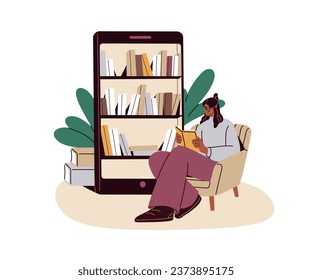 Biblioteca en línea con libros electrónicos. Mujer estudiando, leyendo libros electrónicos de la aplicación móvil digital en un teléfono inteligente. Concepto de educación en Internet. Ilustración vectorial gráfica plana aislada en fondo blanco