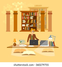 Online library education concept bookcases librarian vector illustration 