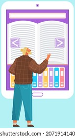 Online-Bibliotheksbildungskonzept flaches Design. Anwendung zum Lesen verschiedener Bücher auf Smartphone mit Bibliothek. E-Book-Seite auf dem Handy-Bildschirm. Konzept der elektronischen Bibliothek und des elektronischen Lernens