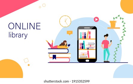 Online library. Online education concept Landing page template. Cartoon characters are reading books. Vector illustration in a flat style.