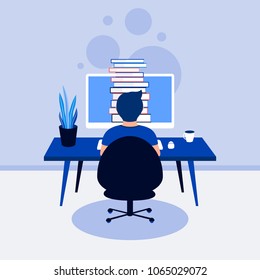 Online library education concept. Student and books. Man, a screen with bookstore. Trendy flat style. Vector illustration.