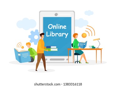 Online Library, Education Flat Web Banner Template. Students Reading Books, Studying, Learning Illustration. Man and Woman Vector Characters in Library. Cartoon People Buying Textbooks in Bookstore