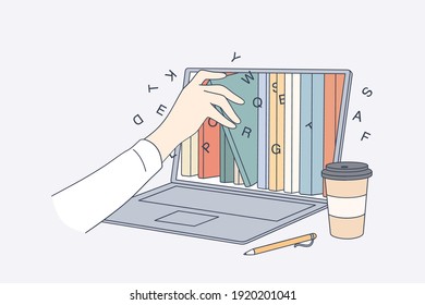 Online library, education in internet concept. Human hand taking e-book from Laptop screen with different books and literature in electronic type for learning and reading vector illustration