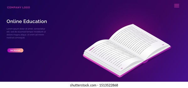 Online library or education isometric concept vector illustration. Book with open pages on violet background, landing web site page for educational, language courses