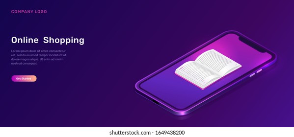 Online library or education isometric concept vector illustration. Mobile phone screen with open book on violet background, landing web site page for educational, language courses