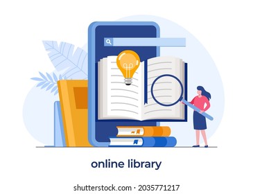 online library for education, online reference concept, book, literature or elearning, flat illustration vector